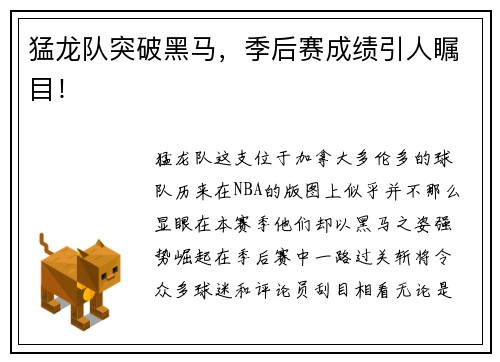 猛龙队突破黑马，季后赛成绩引人瞩目！