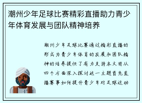 潮州少年足球比赛精彩直播助力青少年体育发展与团队精神培养